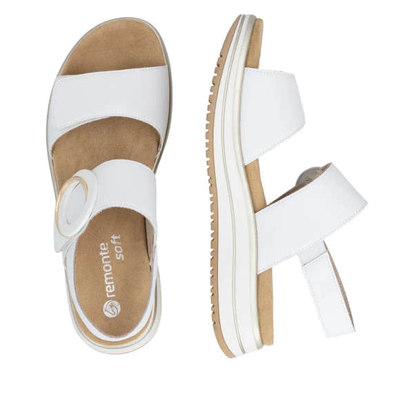 White leather ladies sandals with touch fastening straps and chunky sole, Remonte D1J63-80.