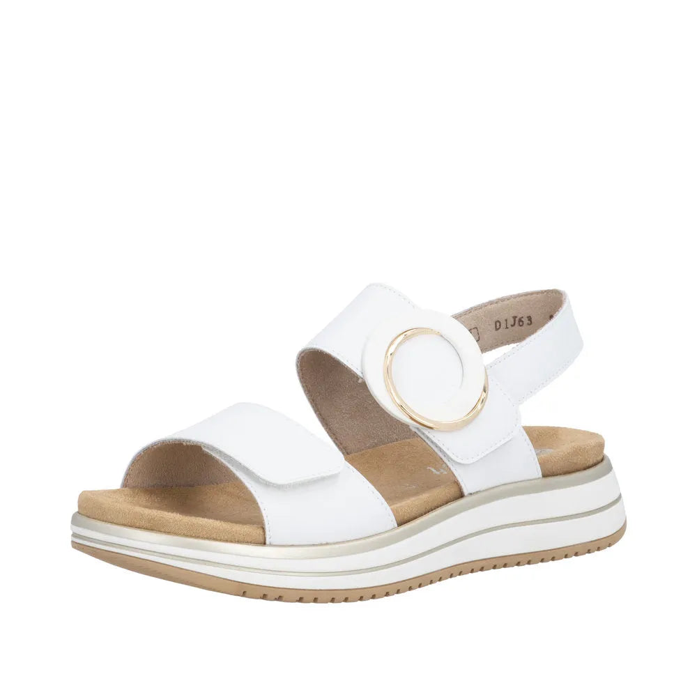 Remonte D1J63-80 women's white leather sandals with touch fastening, cushioned insole, platform sole, and gold ring detail.