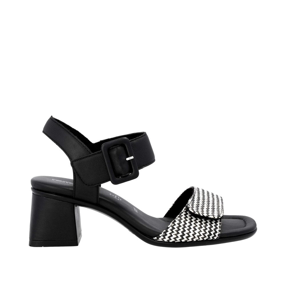 Remonte D1K51-03 women's black touch fastening sandals with striped black and white front strap and chunky heel.