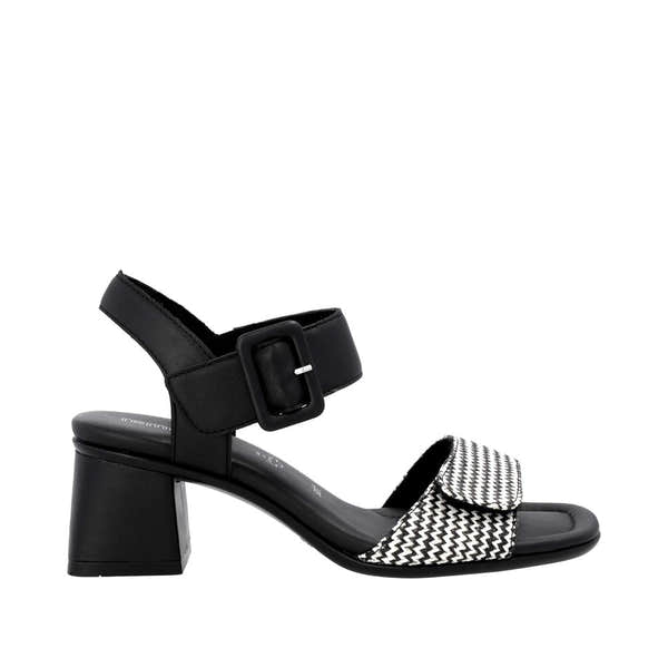 Remonte D1K51-03 women's black touch fastening sandals with striped black and white front strap and chunky heel.
