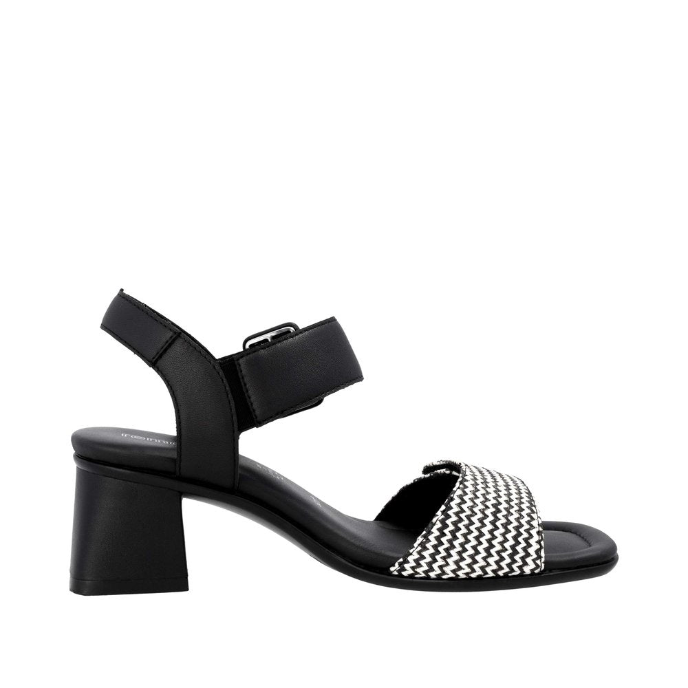 Remonte D1K51-03 women's black touch fastening sandals with patterned front strap and chunky heel.