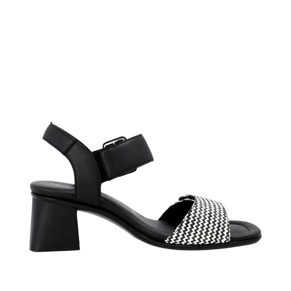 Remonte D1K51-03 women's black touch fastening sandals with patterned front strap and chunky heel.