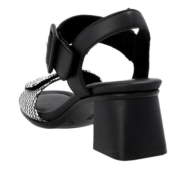 Remonte D1K51-03 women's black touch fastening sandals with block heel and patterned strap.