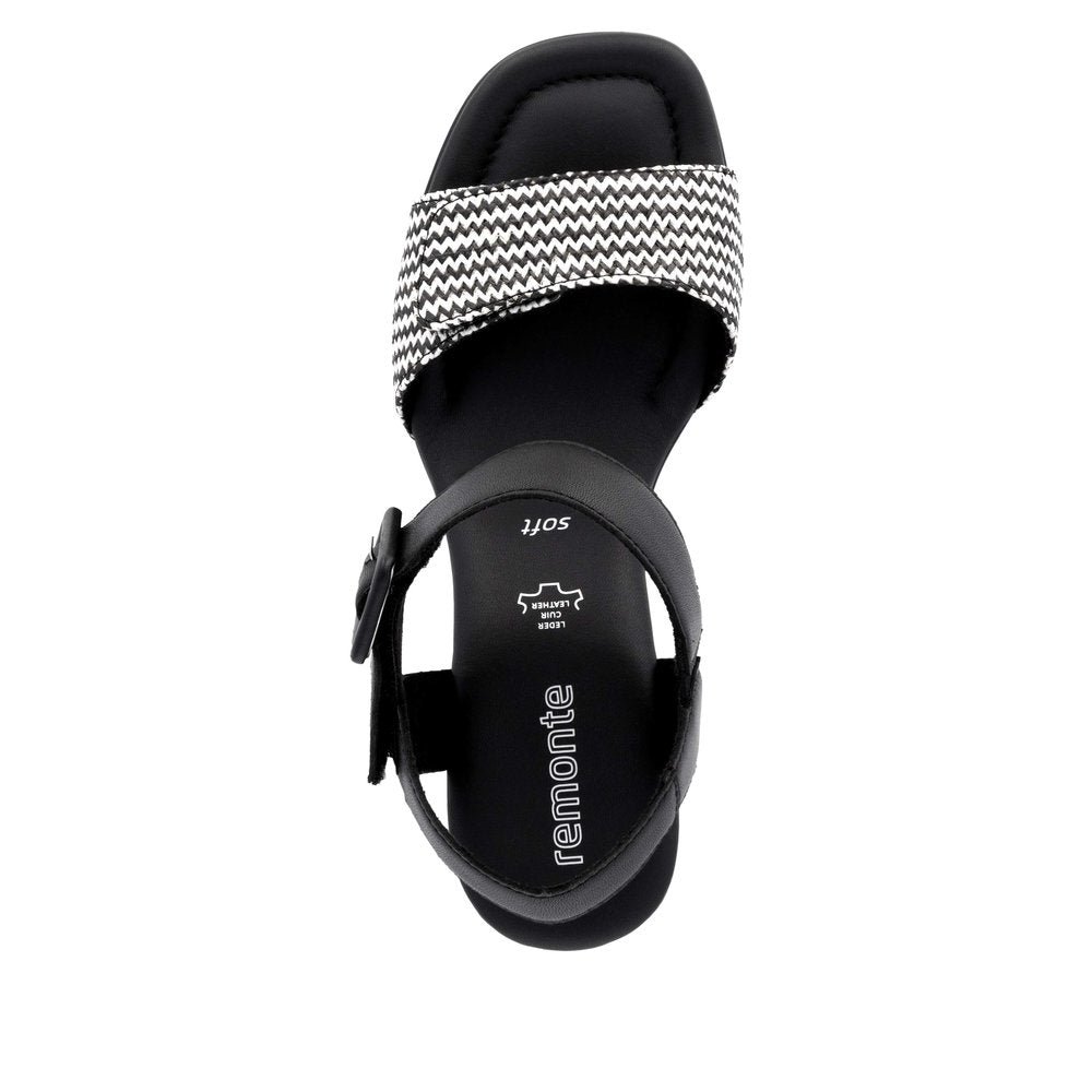 Remonte D1K51-03 women's black touch fastening sandals with zigzag patterned strap, cushioned sole, and adjustable ankle strap.