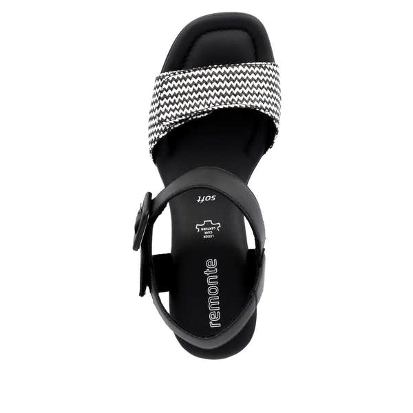 Remonte D1K51-03 women's black touch fastening sandals with zigzag patterned strap, cushioned sole, and adjustable ankle strap.