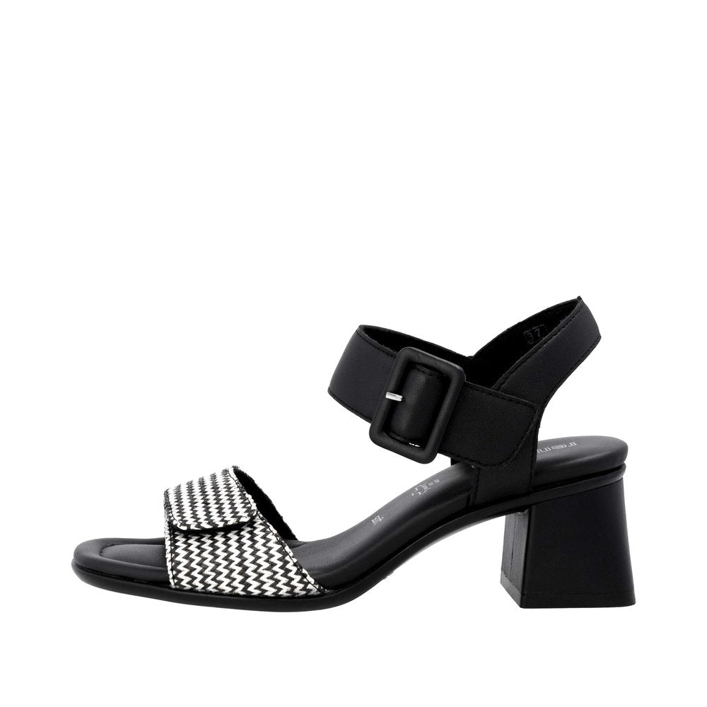 Remonte D1K51-03 women's black touch fastening sandal with a patterned front strap, adjustable ankle strap, and chunky heel.