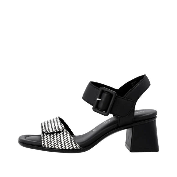 Remonte D1K51-03 women's black touch fastening sandal with a patterned front strap, adjustable ankle strap, and chunky heel.