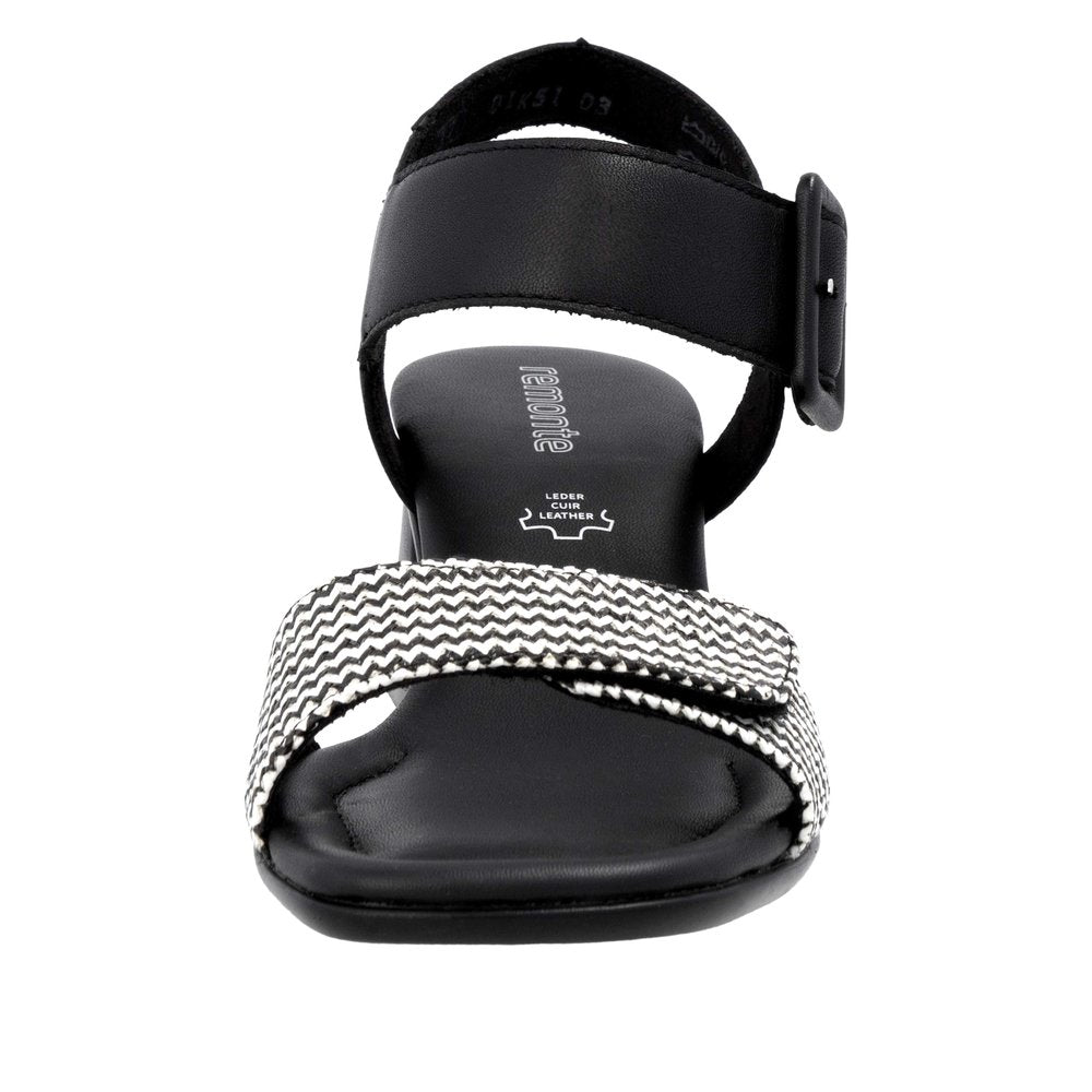 Remonte D1K51-03 women's black touch fastening leather sandals with adjustable straps and patterned front strap, comfortable slip-on design.