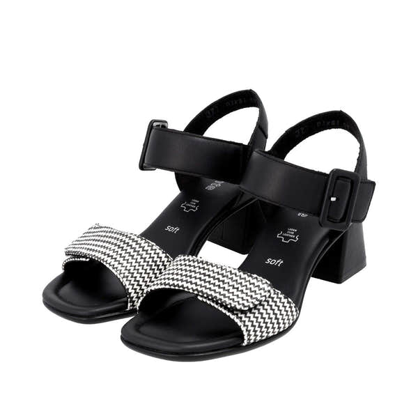 Remonte D1K51-03 women's black touch fastening sandals with patterned black and white straps, block heel, and adjustable ankle strap.