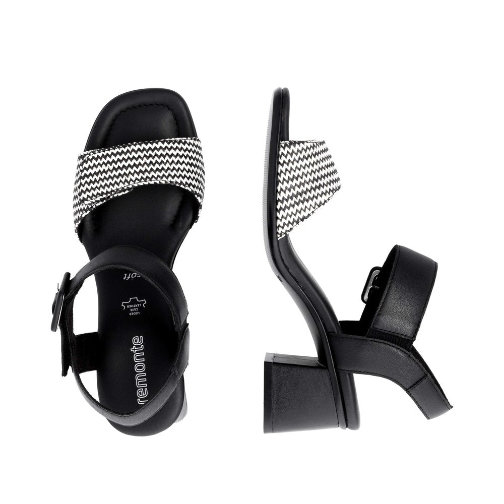 Remonte D1K51-03 women's black touch fastening sandals with zigzag patterned straps, block heel, and adjustable ankle strap.