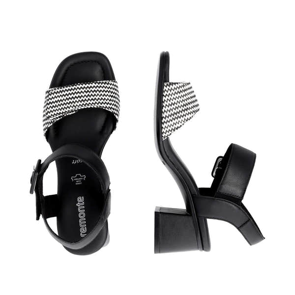 Remonte D1K51-03 women's black touch fastening sandals with zigzag patterned straps, block heel, and adjustable ankle strap.