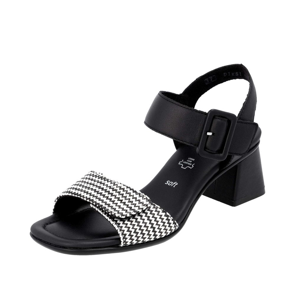 Remonte D1K51-03 women's black touch fastening sandals with chevron patterned strap and block heel.
