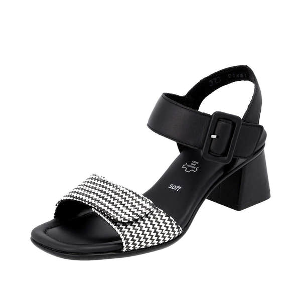 Remonte D1K51-03 women's black touch fastening sandals with chevron patterned strap and block heel.