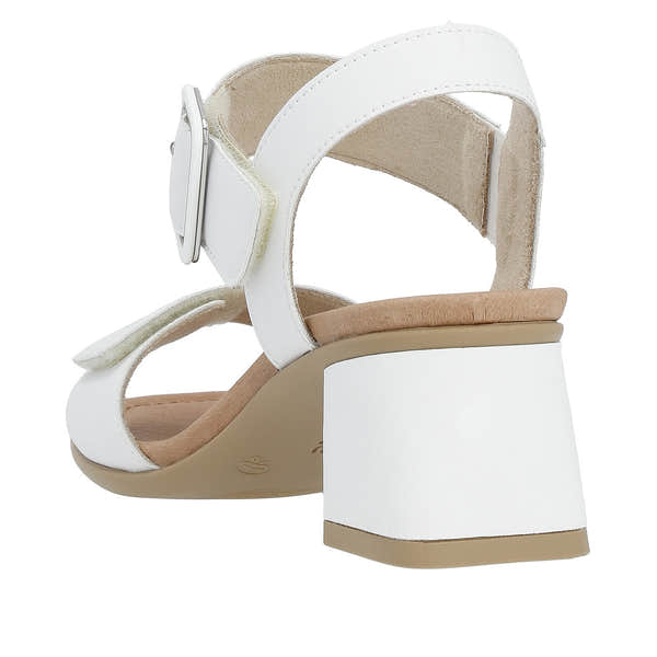 White women's touch-fastening sandal with a chunky heel and beige insole.