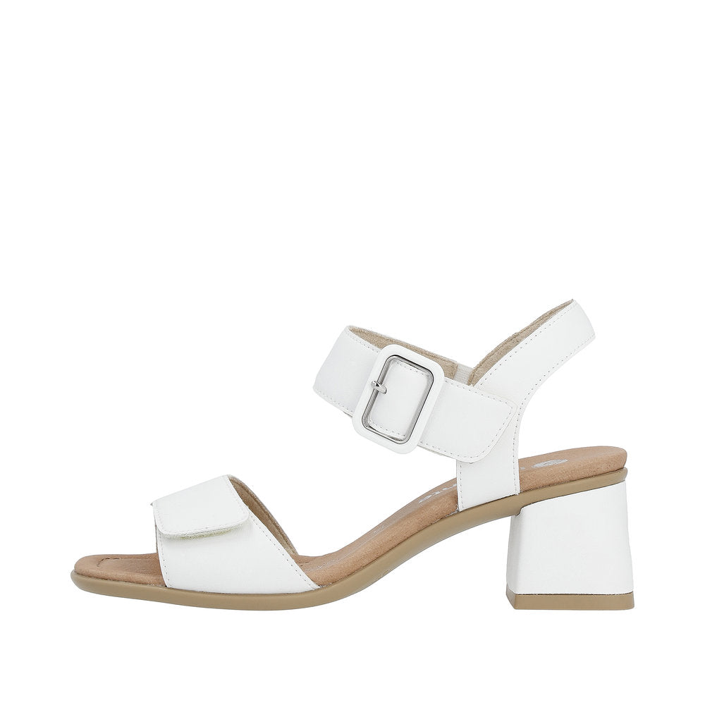 White women's touch fastening sandal with a low block heel and adjustable ankle strap.