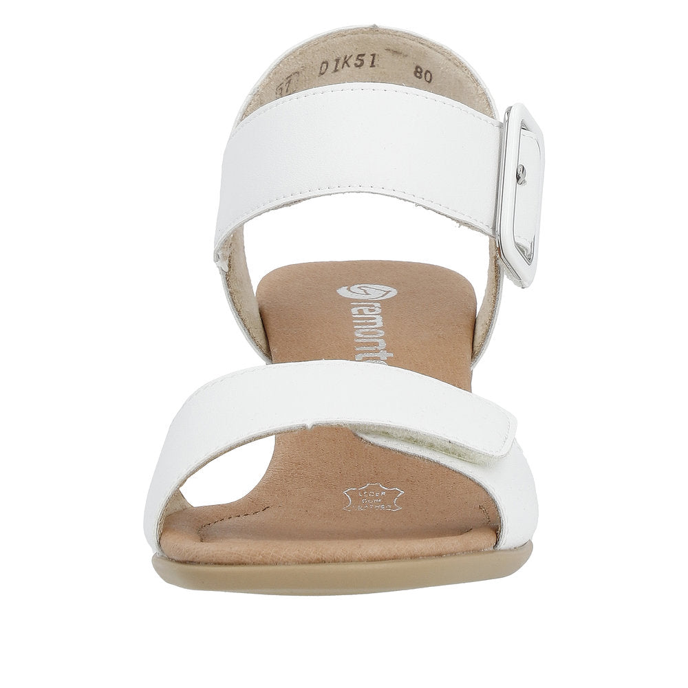 Remonte D1K51-80 women's white touch fastening sandal with two adjustable straps and beige cushioned footbed.