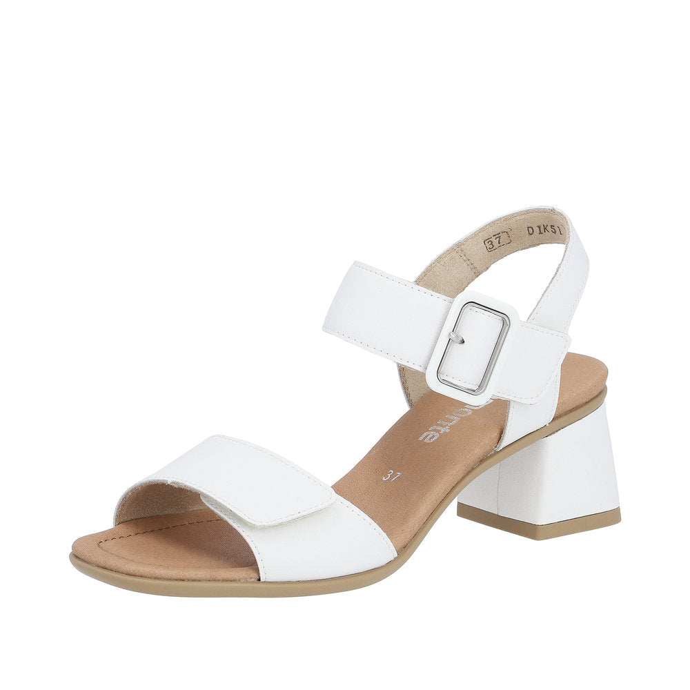 White women's touch fastening sandals with block heel, open toe, and adjustable strap for comfort and style.