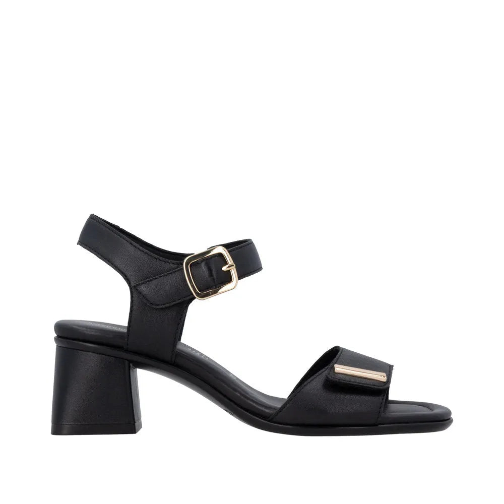 Remonte D1K54-00 women's black leather sandals with touch fastening, ankle strap, and chunky heel.