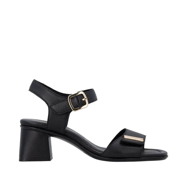 Remonte D1K54-00 women's black leather sandals with touch fastening, ankle strap, and chunky heel.
