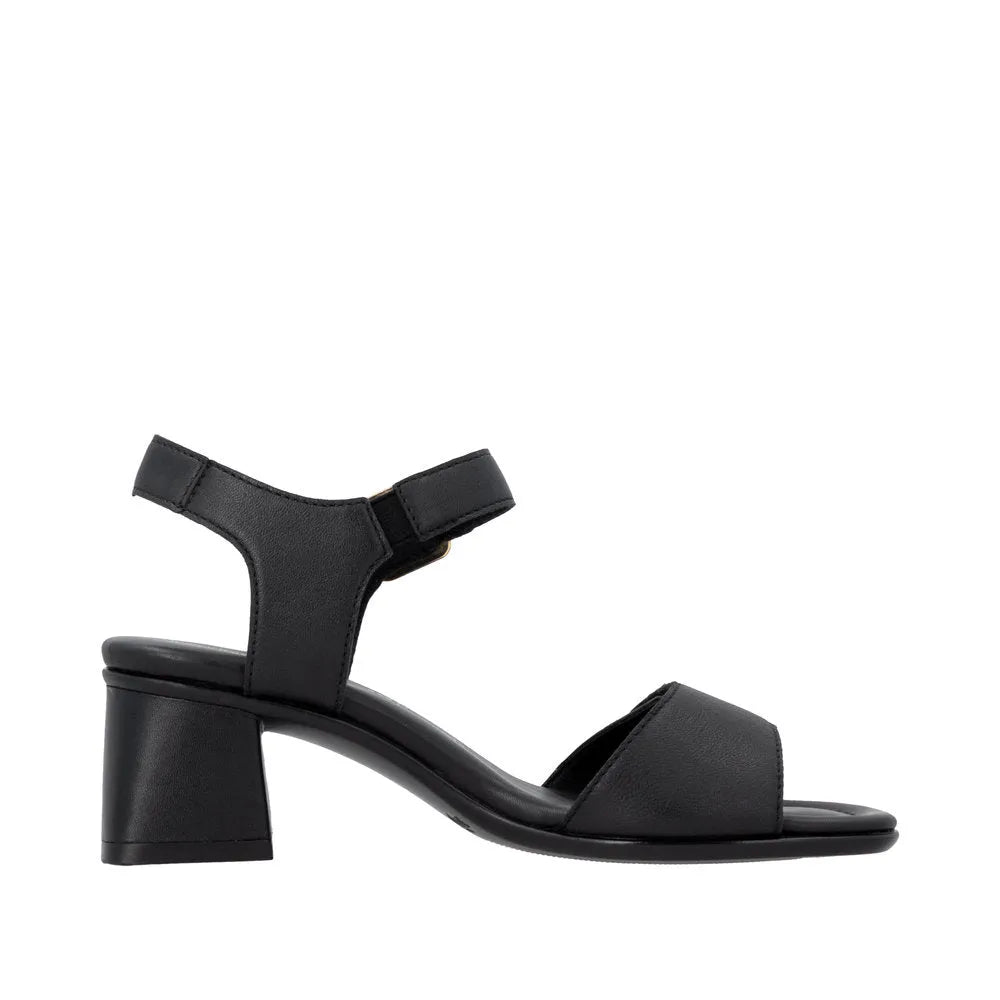 Remonte D1K54-00 women's black leather sandals with touch-fastening straps and block heel for stylish comfort.