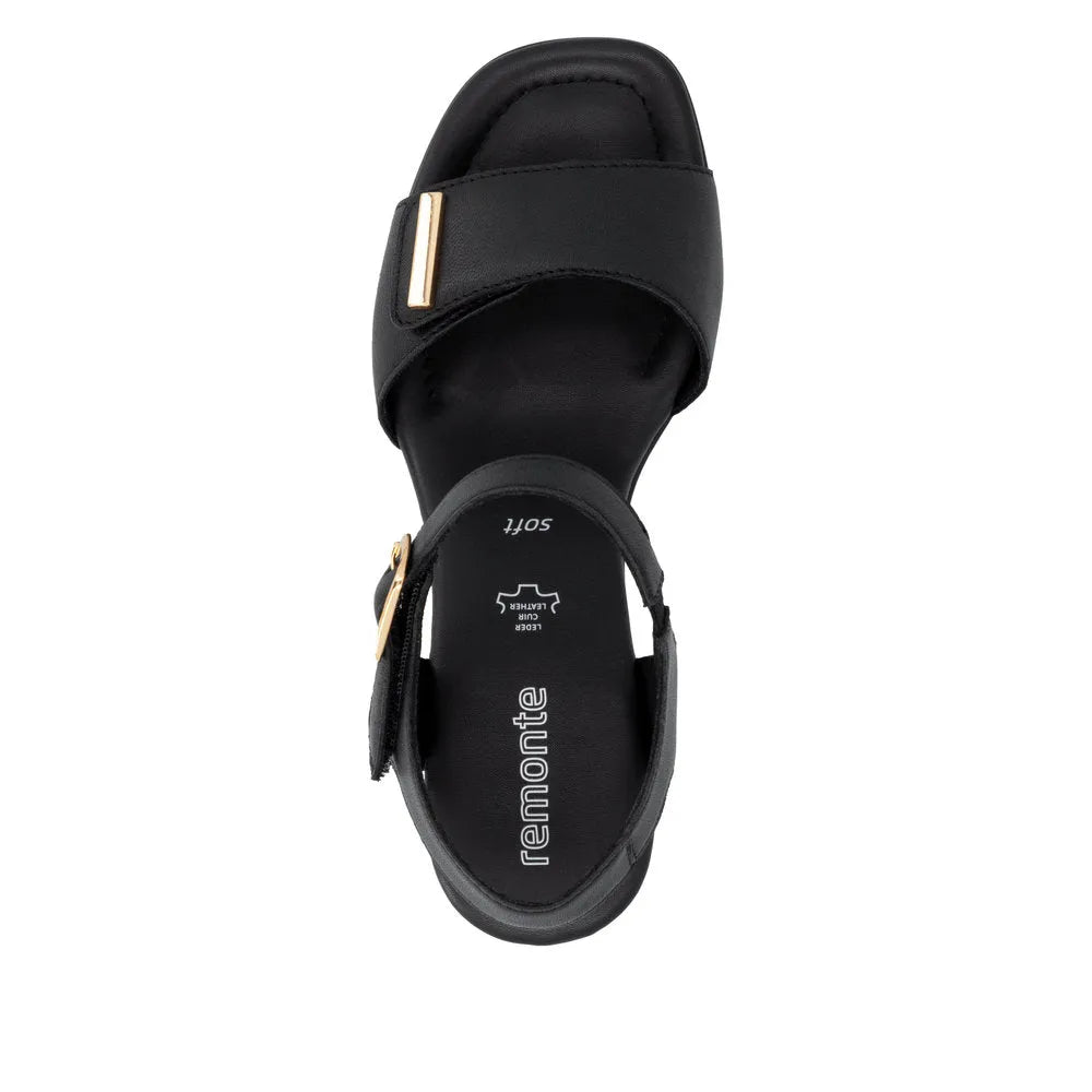 Remonte D1K54-00 women's black leather touch fastening sandals with gold accents, cushioned sole, and open-toe design.