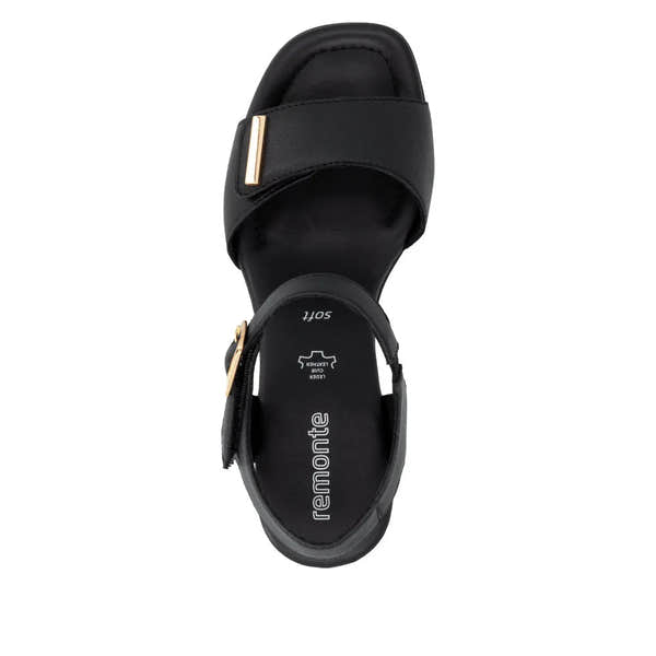 Remonte D1K54-00 women's black leather touch fastening sandals with gold accents, cushioned sole, and open-toe design.