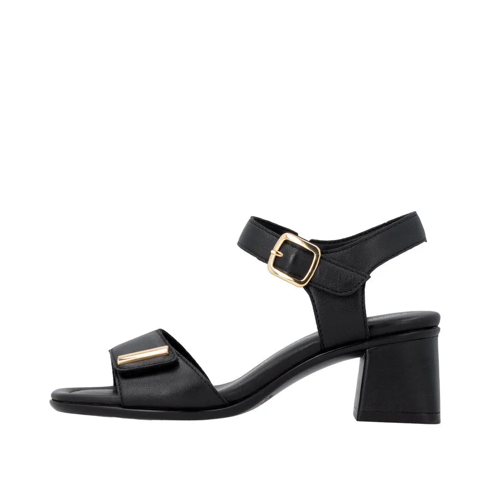 Remonte D1K54-00 women's black leather touch-fastening summer sandals with block heel and ankle strap.