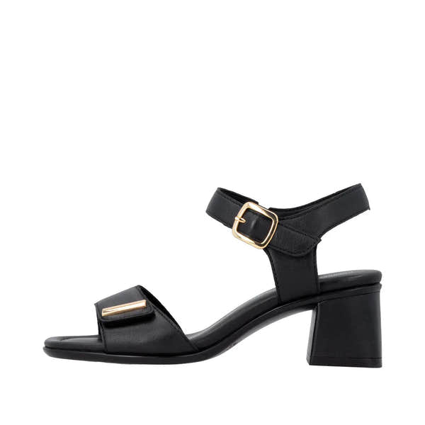 Remonte D1K54-00 women's black leather touch-fastening summer sandals with block heel and ankle strap.