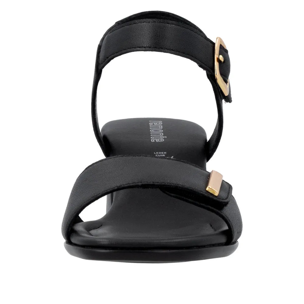 Remonte D1K54-00 women's black leather touch fastening sandals with gold buckle, open toe, and comfortable sole.