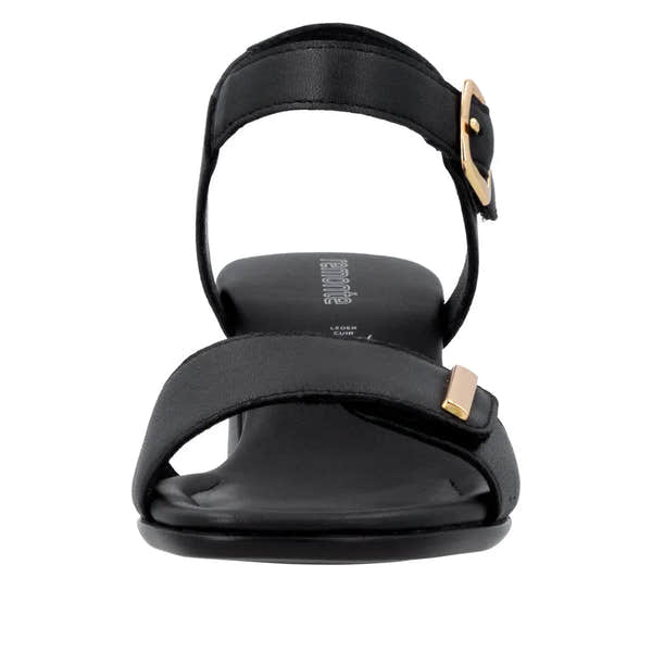 Remonte D1K54-00 women's black leather touch fastening sandals with gold buckle, open toe, and comfortable sole.