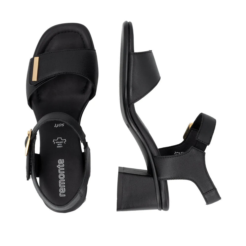 Women's black leather touch fastening sandals with block heel and adjustable strap.
