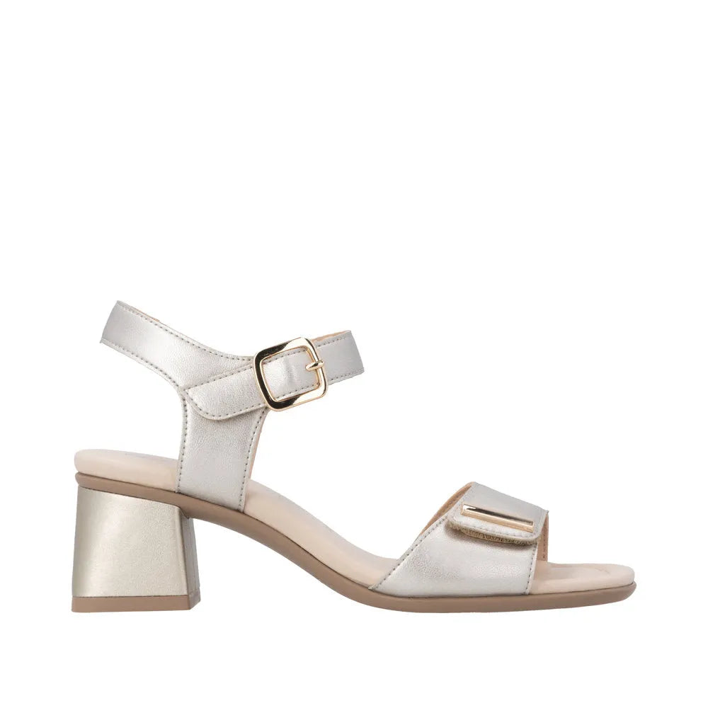 Remonte D1K54-90 women's pale gold leather sandals with touch fastening, block heel, and ankle strap.