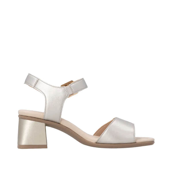 Remonte D1K54-90 women's pale gold leather touch fastenings sandals with block heel and ankle strap.