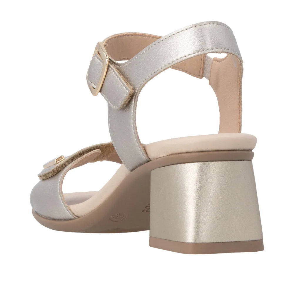 Remonte D1K54-90 women's pale gold leather touch fastening block heel sandals, open toe with ankle strap.