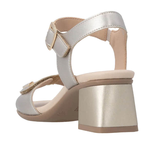 Remonte D1K54-90 women's pale gold leather touch fastening block heel sandals, open toe with ankle strap.