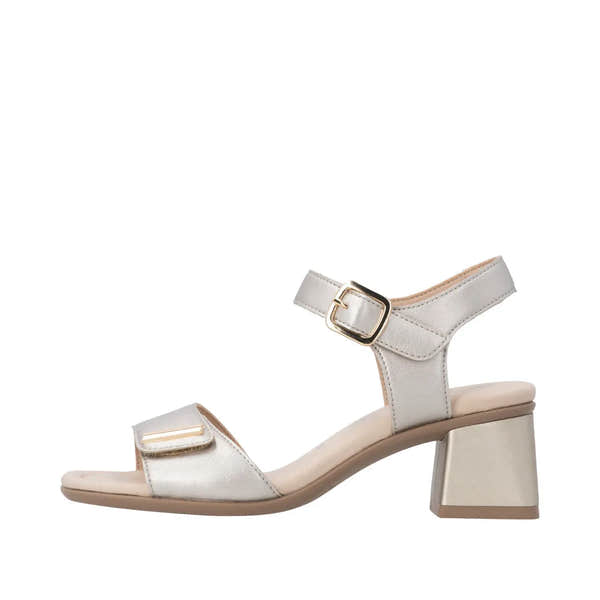 Remonte D1K54-90 women's pale gold leather sandals with touch fastening straps and block heel.