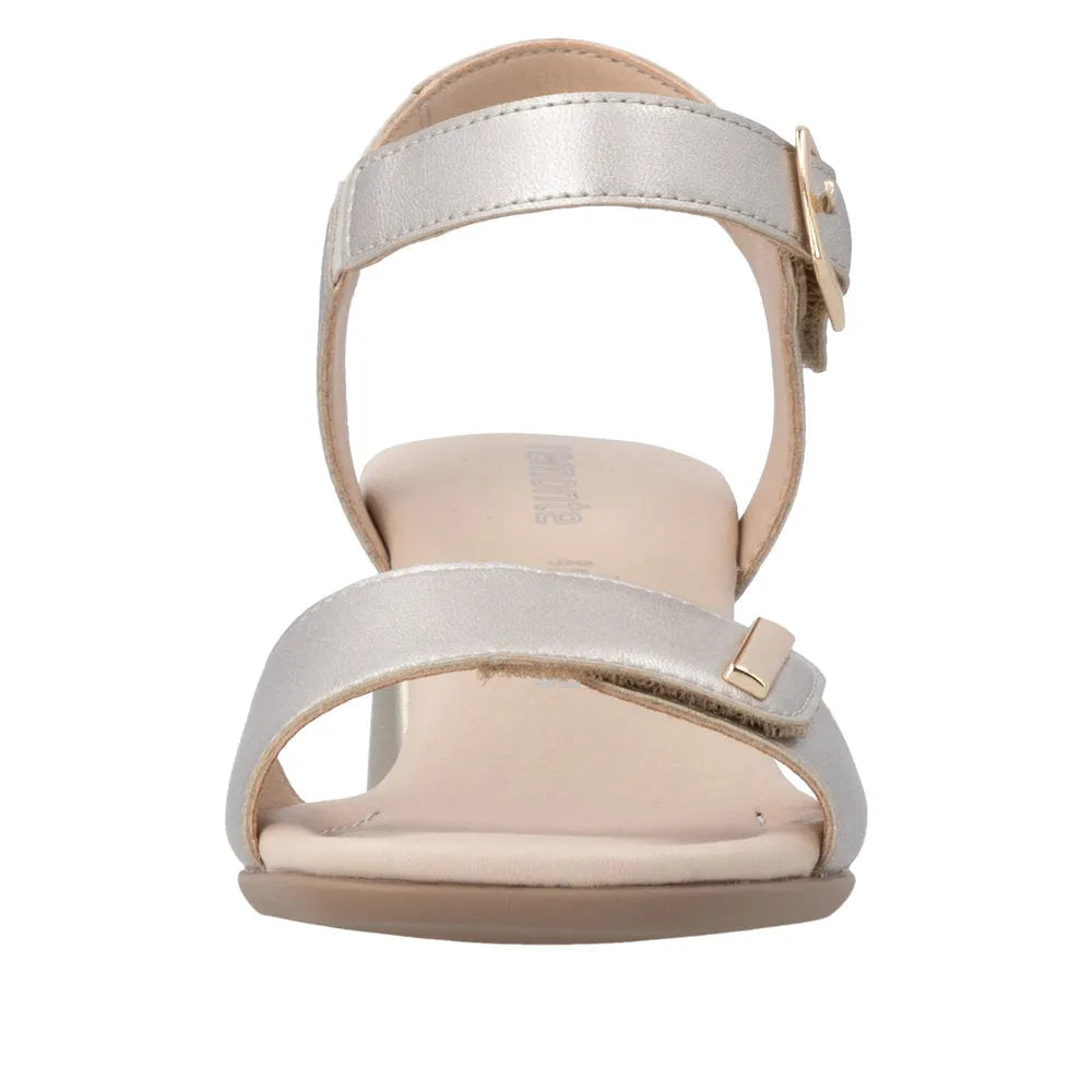 Remonte D1K54-90 women's pale gold leather touch fastening sandals with ankle strap and buckle, flat sole, stylish summer footwear.