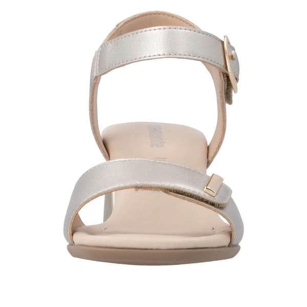 Remonte D1K54-90 women's pale gold leather touch fastening sandals with ankle strap and buckle, flat sole, stylish summer footwear.