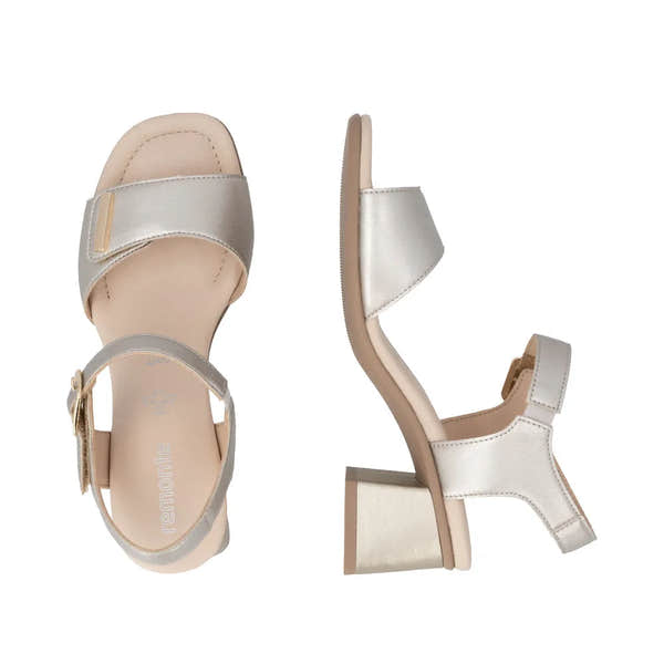 Remonte D1K54-90 women's pale gold leather sandals with touch fastening straps and block heel.
