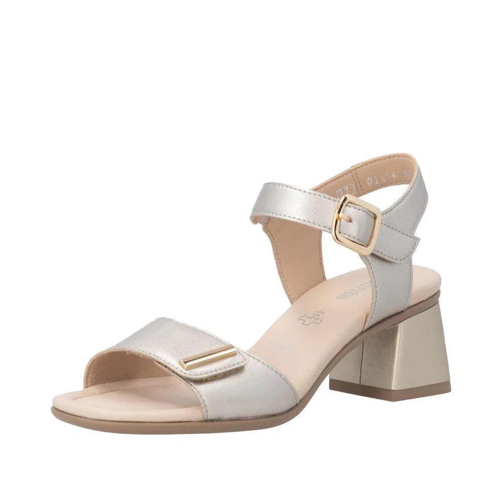 Remonte D1K54-90 Ladies Pale Gold Leather Sandals with touch fastening strap, block heel, and open toe design.