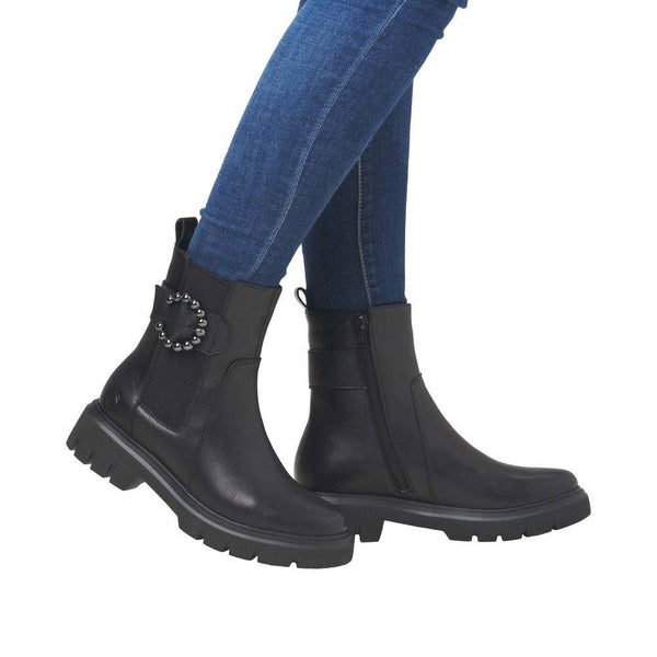 Remonte D1W74-00 Ladies Wide Black Leather Side Zip Ankle Boots-elevate your sole