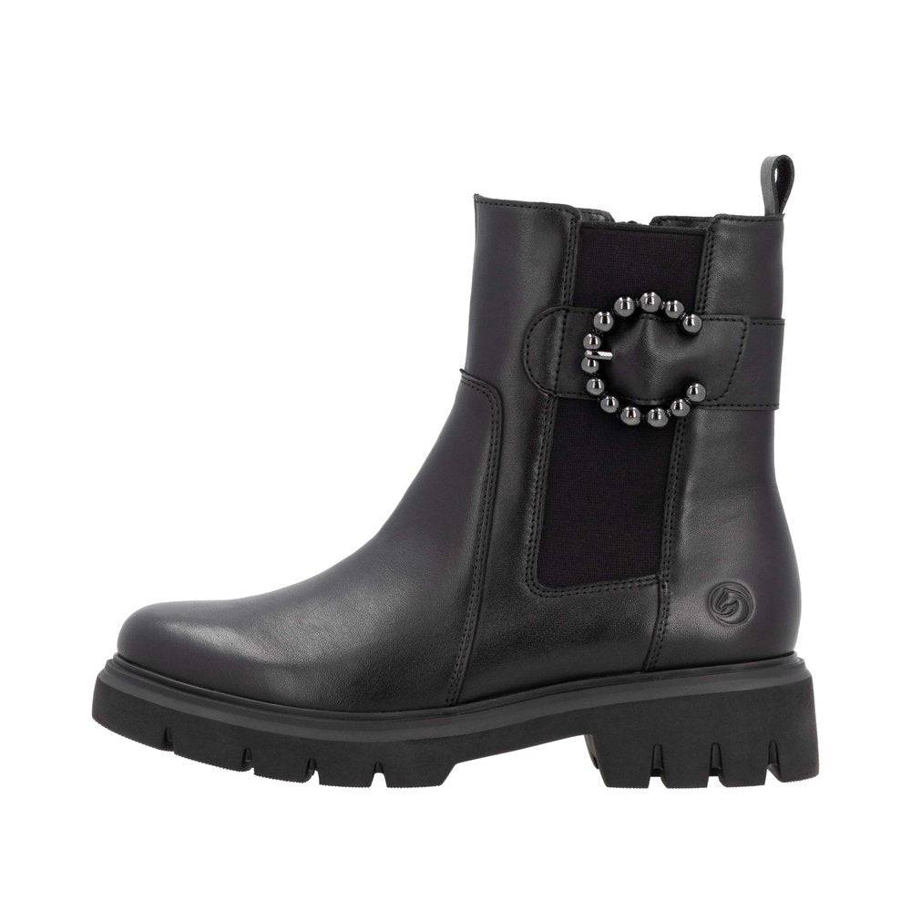 Remonte D1W74-00 Ladies Wide Black Leather Side Zip Ankle Boots-elevate your sole