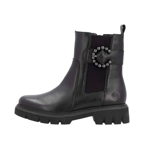 Remonte D1W74-00 Ladies Wide Black Leather Side Zip Ankle Boots-elevate your sole