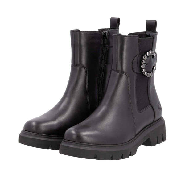 Remonte D1W74-00 Ladies Wide Black Leather Side Zip Ankle Boots-elevate your sole