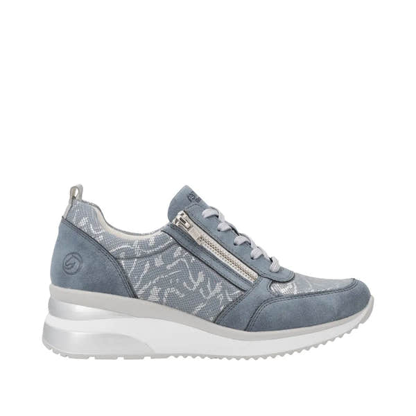Blue textile sneaker with side zipper, lace-up front, mixed materials, and a white chunky sole.