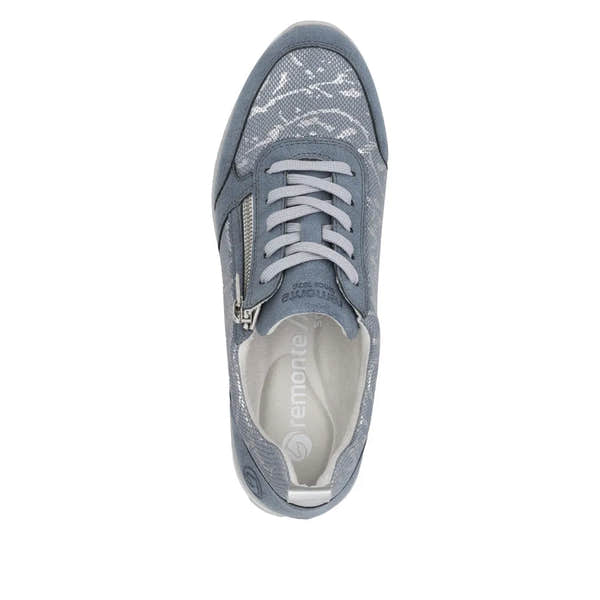 Blue textile women's sneaker with side zipper, lace-up front, padded collar, and textured details.