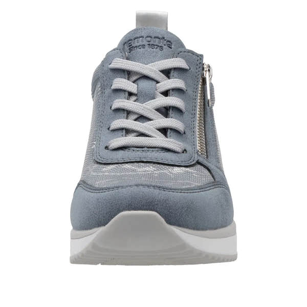 Blue textile women's sneaker with side zipper, lace-up front, and sporty design.