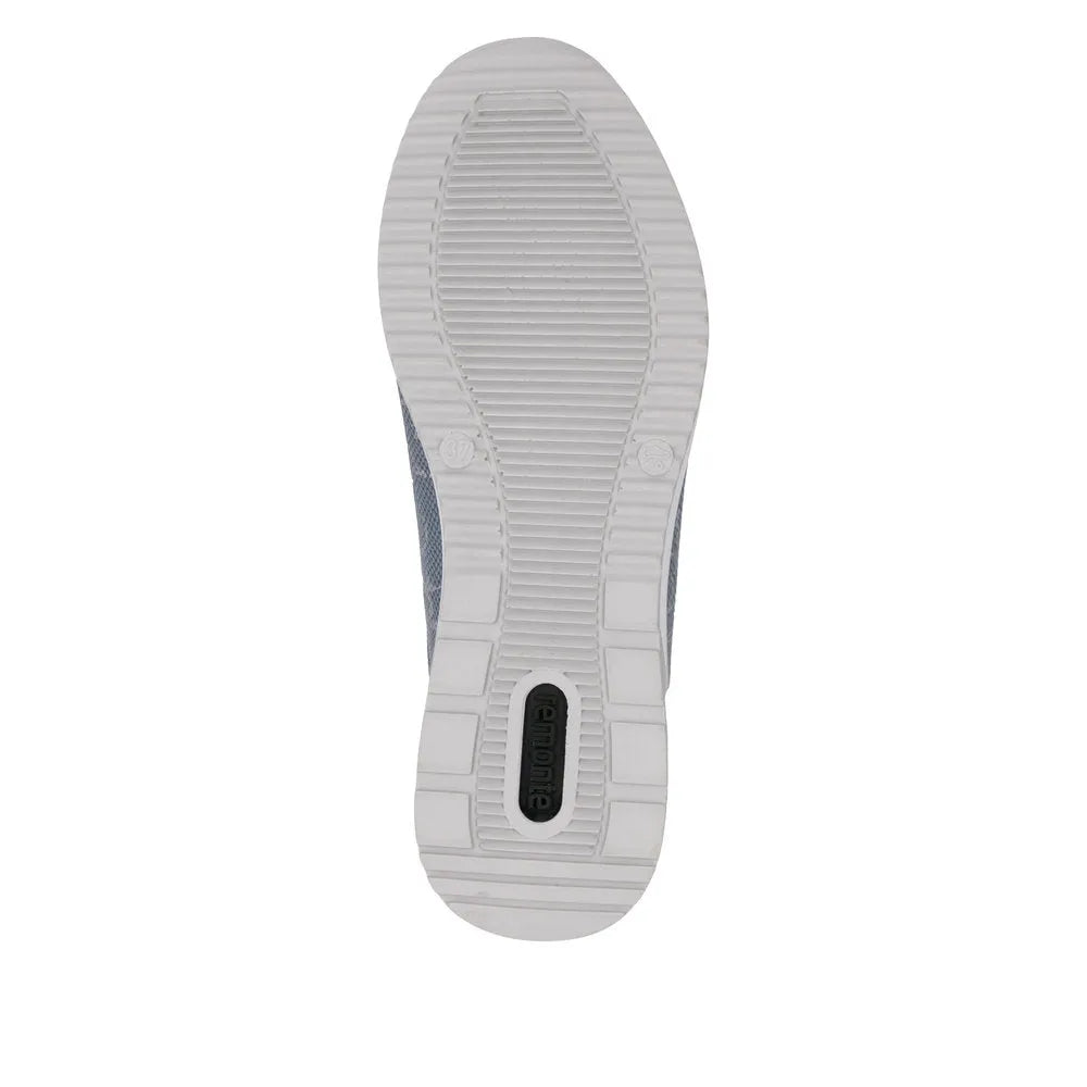 Blue textile women's shoes with side zipper and textured sole, Remonte D2401-11, casual style.