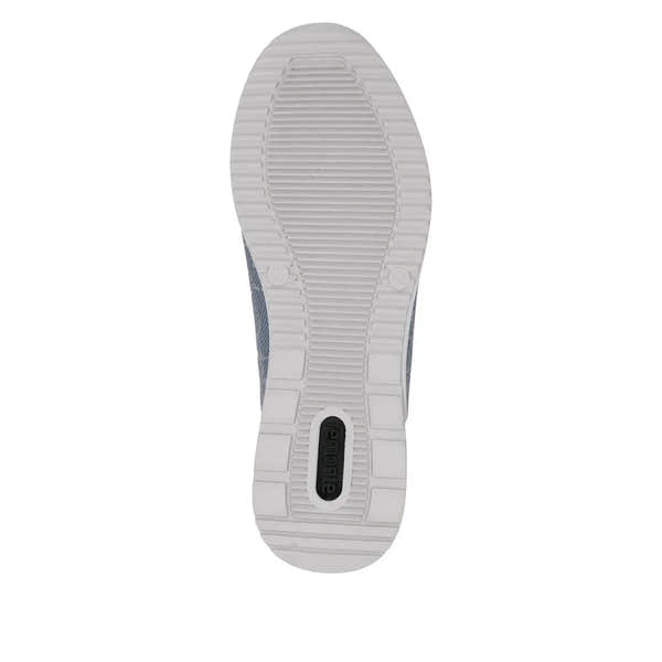 Blue textile women's shoes with side zipper and textured sole, Remonte D2401-11, casual style.