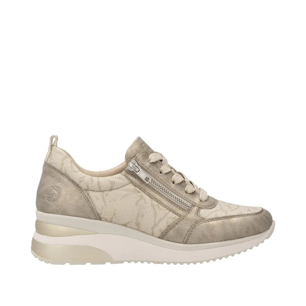 Remonte D2401-61 ladies cream textile sneakers with side zipper, lace-up closure, padded collar, and chunky white sole.